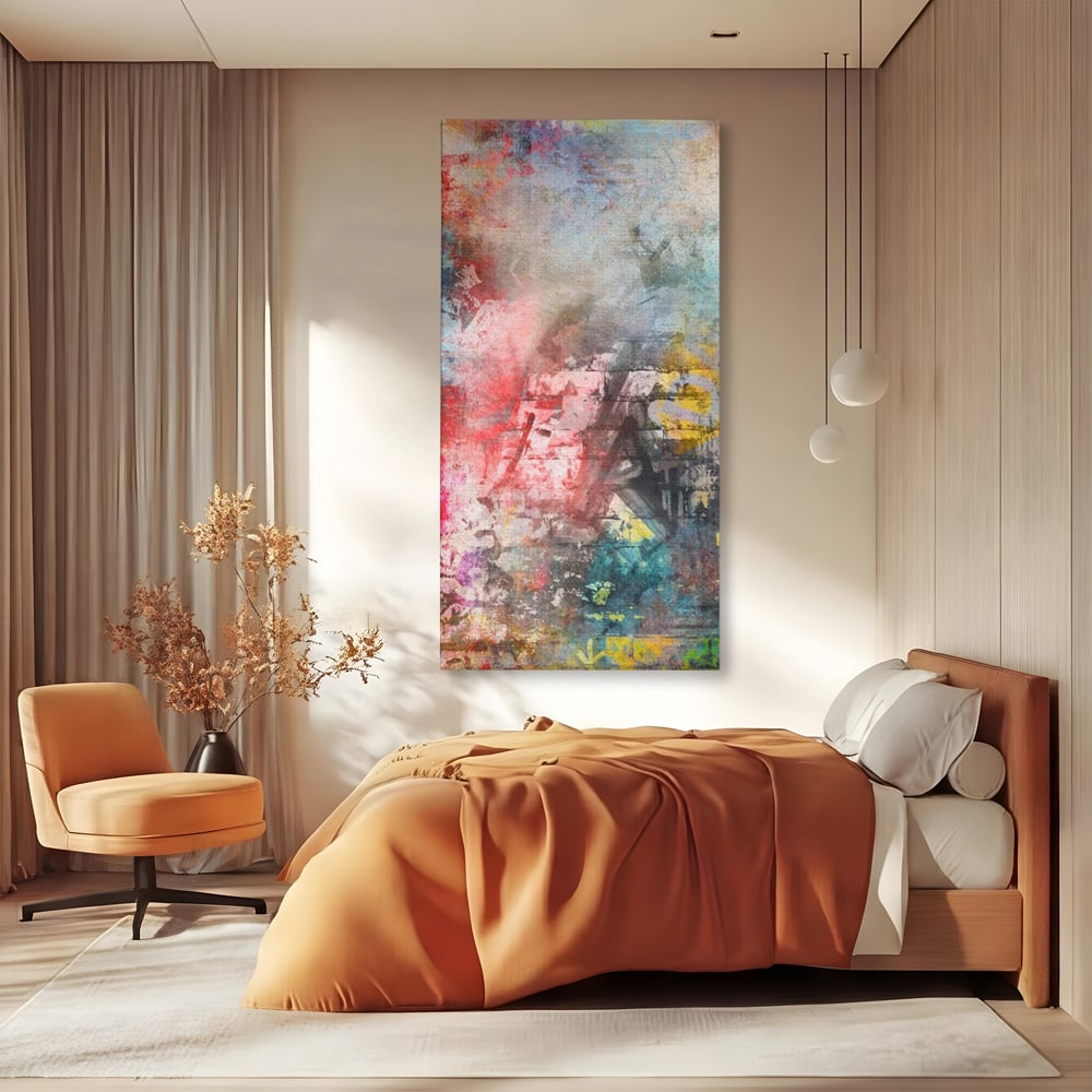 Tablou canvas cu tablou canvas cu arta abstracta si graffiti, fara rama, pe sasiu de lemn, pe perete intr-un dormitor